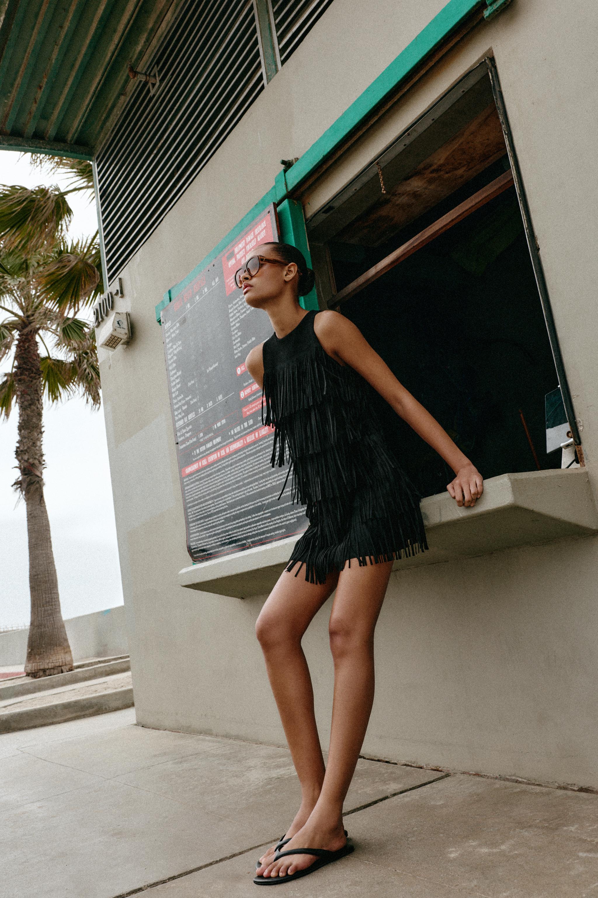 STUDDED FRINGED FAUX SUEDE DRESS